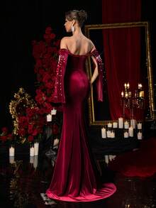 Glamrae Women's Burgundy Luxury Velvet Dress,Handcrafted Pearl Embellishments,Off-The-Shoulder Long Open Sleeves,Fishtail Hem With Train Evening Gown,Party - Burgundy - View 4