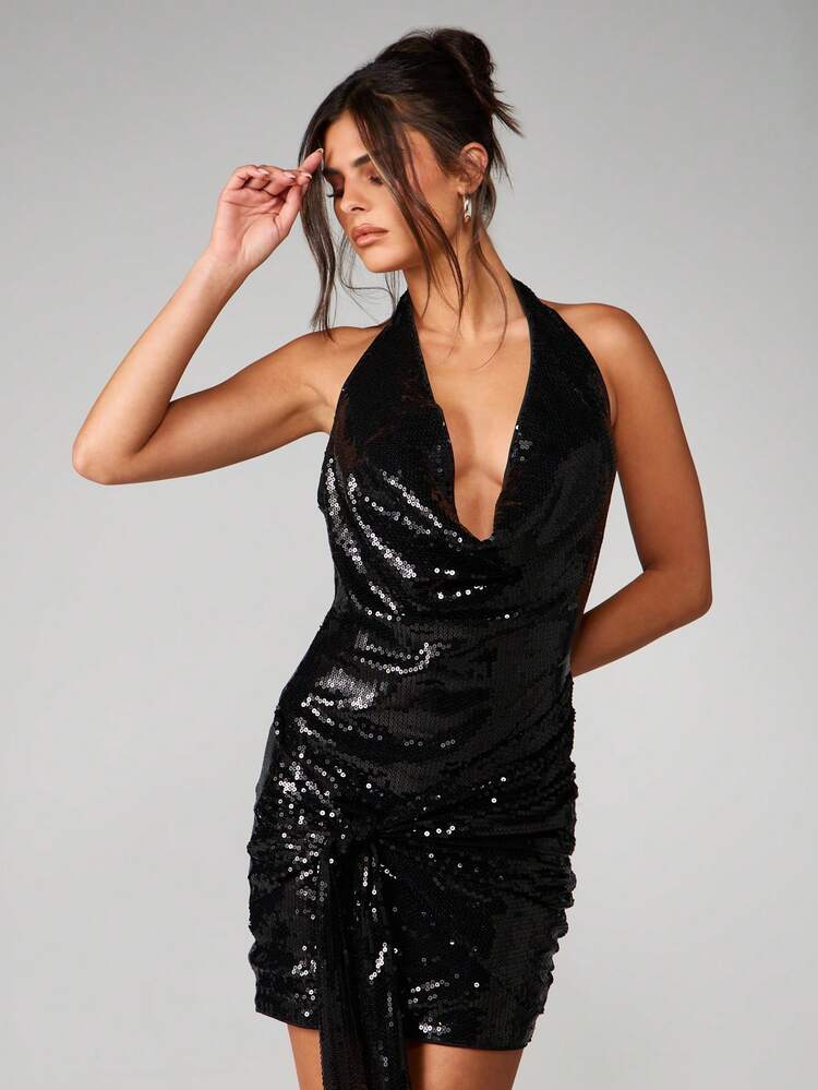 MISSGUIDED Abito mini con scollo a cappuccio e paillettes per feste ed eventi serali