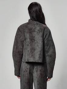MUSERA Paneled Zip Through Washed Effect Racer Style Jacket Only Winter Streetwear Cool Night Out Everyday Sexy Onyx - Dark Grey - View 3