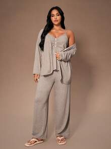 Lazeform Plus Size Solid Color V-Neck Button Decor Casual Knit Robe & Camisole Top & Pants 3 Pieces Pajama Set, Cozy Set, Winter Clothes - Grey - View 1