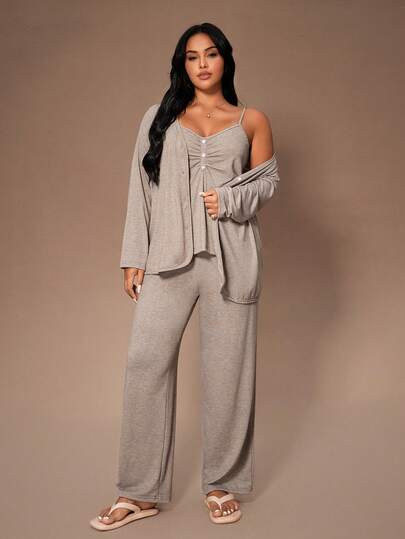  Lazeform Plus Size Solid Color V-Neck Button Decor Casual Knit Robe & Camisole Top & Pants 3 Pieces Pajama Set, Cozy Set, Winter Clothes