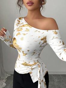 Elenzga Damen elegantes Metallic-Akzent asymmetrisches Schulter Langarm Twist Taille figurbetontes T-Shirt