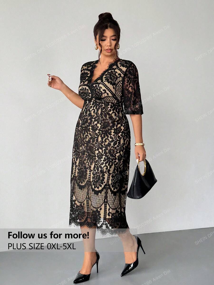 Firerie 加大码春秋舒适休闲优雅度假文胸罩杯风格办公室蕾丝撞色衬里弹力女式长袖连衣裙 - 黑色 - 查看 1