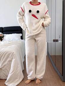 SHEIN 3D Snowman Embroidered Cozy Women Long Sleeve Pajama Set, Fluffy Winter Clothes - Beige - View 7