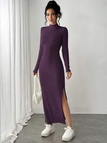 Siren Gaze Women Long Side Slit High Neck Long Sleeve Dress, Women Dresses Ribbed Dresslong Dress Winterlong Sweater Dresslong Bodycon Dressslit Dress Casual Purple Spring - Purple - View 3