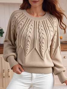 Louniche Cable Knit Lantern Sleeve Sweater,Long Sleeve Tops Knit Pullover Fall Winter Outfit - Khaki - View 1