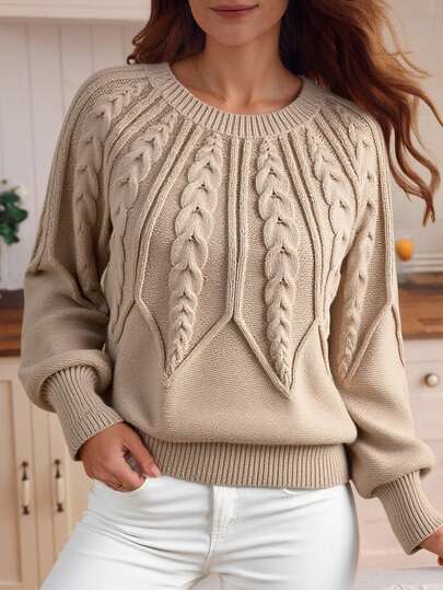 Louniche Pulover cu mânecă lanternă tricot cablu, topuri cu mânecă lungă