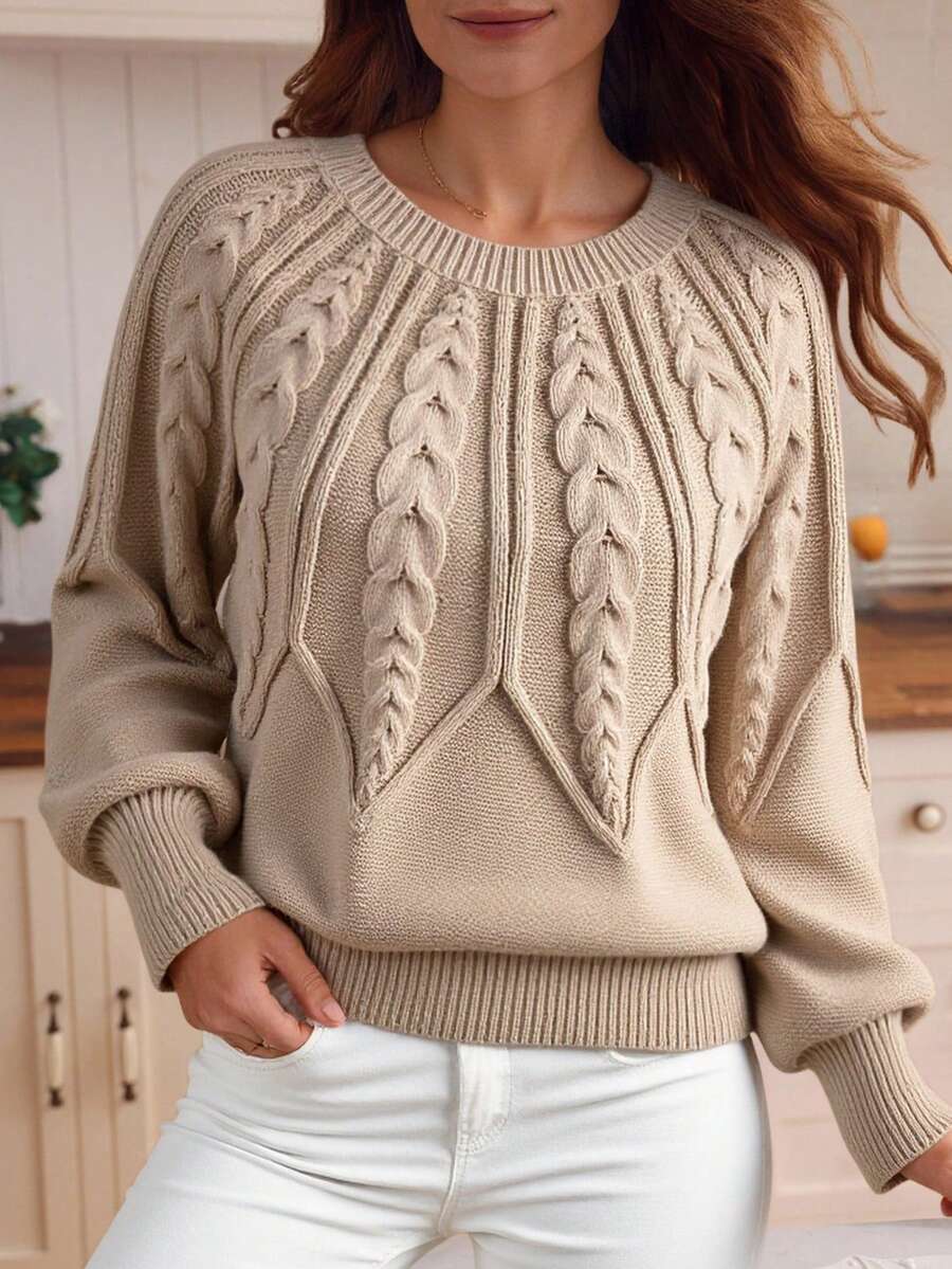 Louniche Cable Knit Lantern Sleeve Sweater,Long Sleeve Tops Knit Pullover Fall Winter Outfit - Khaki - View 1