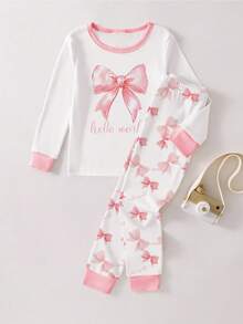 1set Young Girls Butterfly & Letter Print Snug Fit Pajama Set, Long Sleeve Top And Pants, Pink, Autumn/Winter Bow Pajamas Toddler Sleepwear Pj Sets For Girls Bow Pjs  Snug Fit Tight Fit Pajamas - White - View 3