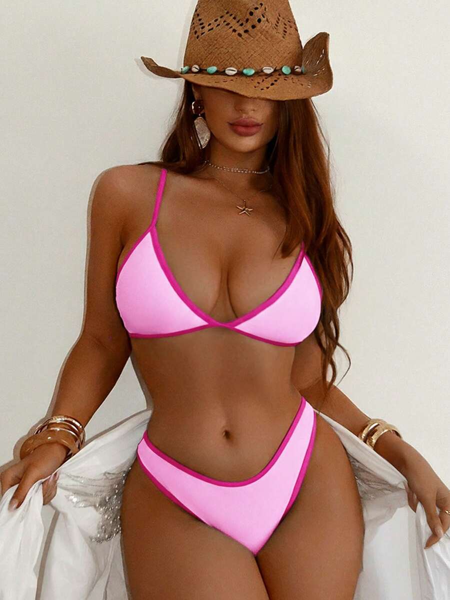 Swim SXY 夏季海滩绑带比基尼套装三角文胸和高叉下装两件套比基尼粉色泳衣泳装套装女式