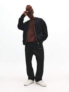 Spodnie dresowe SUMWON Essential Straight Leg Brush Back Fleece Jogger z ściągaczem w pasie i kieszeniami bocznymi zapewniające swobodny komfort, gładkie - Czarne - Zobacz 6