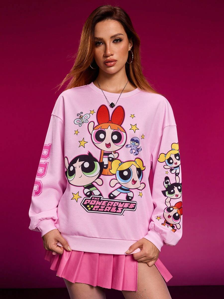 THE POWERPUFF GIRLS X SHEIN Damen Lässiger, süßer Blüten-, Blasen-, Butterblumen-Muster Oversized Rundhalsausschnitt Sweatshirt, Herbst
