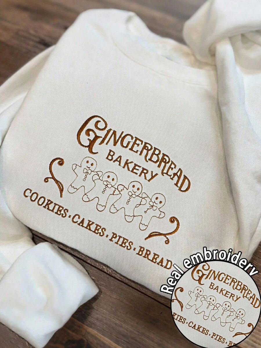 INAWLY Letter & Gingerbread Embroidered Crew Neck Long Sleeve Pullover Sweatshirt - Apricot - View 1