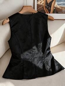 Franclia Áo thun nữ cỡ lớn kiểu dáng thanh lịch, cổ chữ V, chất liệu jacquard, không tay, dáng regular, thích hợp cho công sở và đi làm. - màu đen - Xem 2