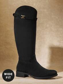 SHUZIA 女式宽筒日常休闲舒适圆头粗跟仿麂皮及膝靴，带金属装饰 - 黑色 - 查看 7