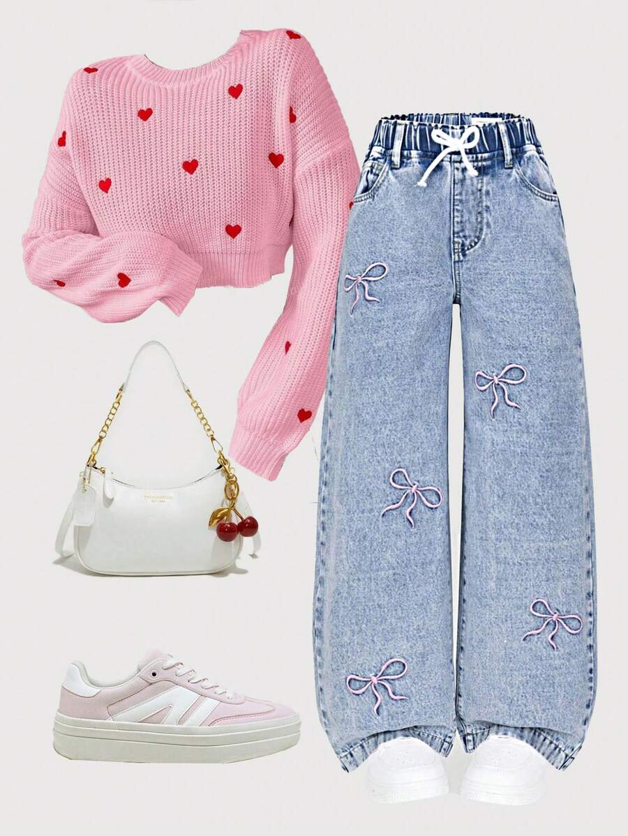 Sparklyn Tween Girls Denim Jeans, Y2K Style, Casual & School, Loose Wide-Leg, Suitable For Spring, Summer, Autumn, Winter Fall Bow Embroidery Jeans - Light Wash - View 1