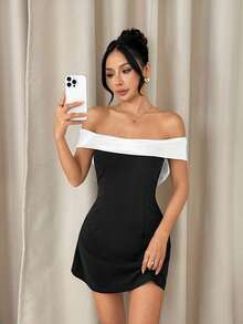 SHEIN PETITE Váy trễ vai đen trắng thắt nơ ngày lễ tình nhân, Fairycore, Tốt nghiệp, Váy tốt nghiệp cho nữ, Váy trở lại trường - Đen và trắng - Xem 2