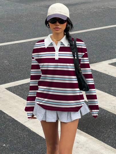 SHEIN EZwear 休闲简约学院风拼色条纹全身印花女式半拉链 Polo 领长袖宽松 T 恤，适合秋冬季、复古/怀旧、性感、可爱、Y2K、椰子女孩、波西米亚风、嬉皮士、音乐节