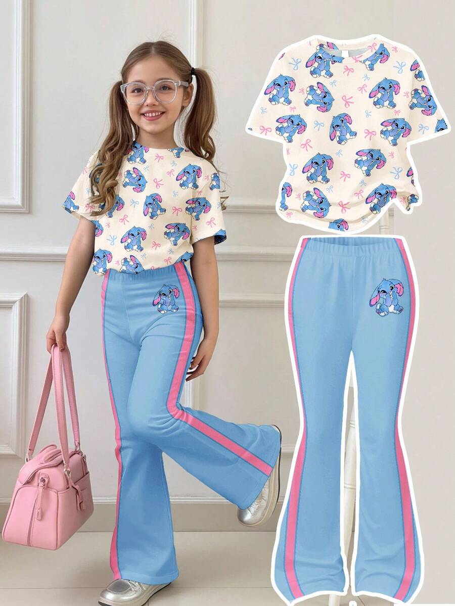 SHEIN Leap Crew 两件套少女休闲宽松短袖圆领T恤和喇叭裤套装，米白色，可爱卡通蓝色兔子图案，粉色撞色滚边，适合秋季穿着。 - 白色 - 查看 1
