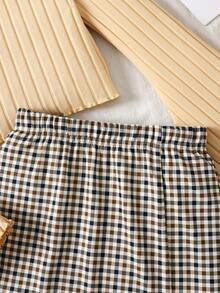 SHEIN 女童针织喇叭袖上衣和开衩下摆格子裙套装，基本款和百搭款，休闲学院风服装，女童服装，开学季 - 卡其色 - 查看 5