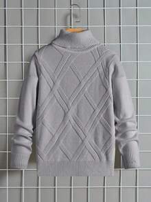 SHEIN 青少年男孩休闲舒适百搭高领毛衣 - 淺灰色 - 查看 2