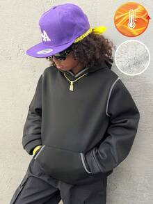 Coolane Kids 男童秋冬季撞色条纹超大口袋休闲加厚保暖连帽卫衣，基础款，保暖内衬，外缝线，黑色上衣，适合万圣节/圣诞节/新年/感恩节等场合。 - 黑色 - 查看 3