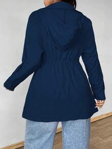 EMERY ROSE Plus Size Hooded Cinched Waist Long Sleeve Jacket With Pockets Fall Winter Cloth For Women Autumn - Navy Blue - View 2