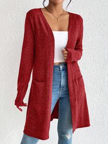 SHEIN Essnce Abrigo con bolsillos dobles y frente abierto sin camiseta interior para otoño/invierno - Rosa Roja - Ver 3