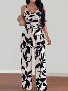 Silhoulove 女式花卉印花连体裤，配有可调节松紧腰带和结饰 - 杏色 - 查看 2