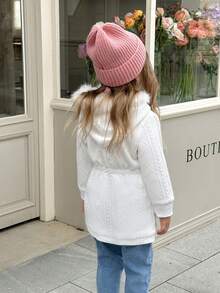 Young Girl Fuzzy Trim Hooded Thermal Lined Coat Without Sweater - White - View 2