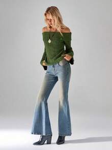 SHEIN TRNDY 1pc Women's Green Sweater, Vintage Button Design Off Shoulder, Contrast Color Flare Sleeve, Textured Elastic Long Sleeve Casual Pullover For Autumn/Winter - Green - View 4
