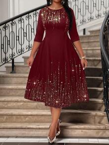 SHEIN Lady 大码女式优雅夏冬优雅紫色针织圆领飘逸长袖大码连衣裙化妆舞会礼服长袖连衣裙情人节衣服情人节 - 酒紅色 - 查看 1