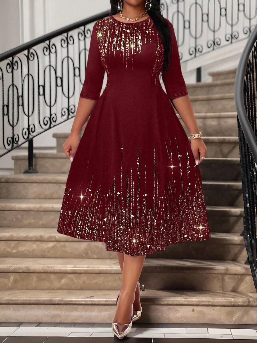 SHEIN Lady 大码女式优雅夏冬优雅紫色针织圆领飘逸长袖大码连衣裙化妆舞会礼服长袖连衣裙情人节衣服情人节 - 酒紅色 - 查看 1