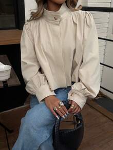 Siren Gaze Women's Pleated Shoulder Padded Button Jacket, Lantern Sleeve Short 2025 Fashion Versatile Windbreaker, Casual Retro Chic Street Style Outerwear Puff Sleeve Blouse Cream Blouse Long Sleeve Blouses Modest Blouse Lantern Sleeve Blouse - Khaki - View 6