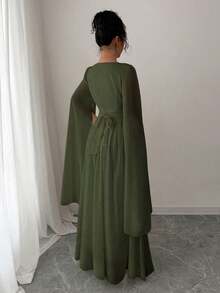 Rafferiza 女士优雅开叉袖超长袖雪纺杏金色亮片花卉装饰连衣裙，束腰 - 橄欖綠 - 查看 2