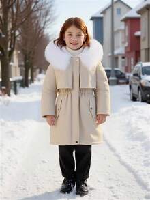 女童宽松收腰中长款冬季夹克 - 杏色 - 查看 7