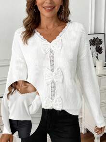 Louniche Women's Solid Color Simple Everyday Contrast Lace Bow Accent Pullover Sweater,Long Sleeve Tops Knit Pullover Fall Winter Outfit - White - View 1
