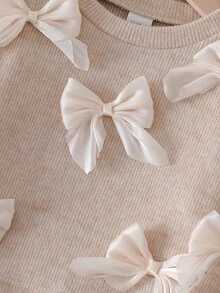 SHEIN 女宝宝0-3岁杏色甜美蝴蝶结装饰可爱优雅圆领长袖毛衣搭配杏色针织裤套装，适合外出、休闲、生日派对 - 杏色 - 查看 7