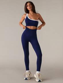 SHEIN BAE Seamless One-Shoulder Yoga Camisole Butt Lifting High Elasticity Women Sports Suit One Shoulder Workout Set Navy Workout Set Workout Set Two Piece Gym Leggings Set Activewear Set Two Piece Workout Set Yoga Set Workout Leggings Two Piece Set Active Two Piece Set Yoga Two Piece Set Workout Legging Two Piece Set Gym Two Piece Set - Navy Blue - View 6