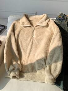 Comfortcana Half Zip Pocket Drop Shoulder Teddy Sweatshirt,Long Sleeve Tops In Fall/Winter - Apricot - View 3