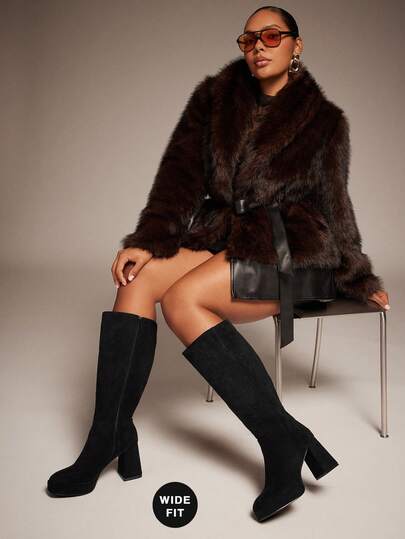 SHUZIA بوت نسائية طويلة الساق مريحة ذات أصابع مربعة من الجلد المدبوغ الصناعي بكعب منصة، مع سحاب داخلي