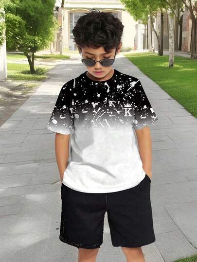 SHEIN Tween Boy Casual Minimalist Round Neck Short Sleeve Cool & Tie Dye Gradient "King" Logo Print T-Shirt, Suitable For Summer