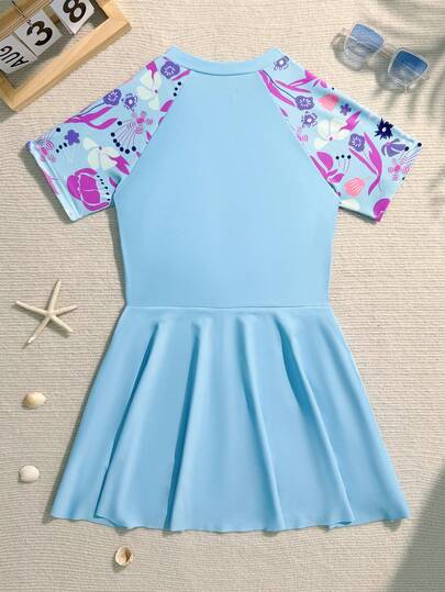 Bộ đồ bơi liền thân không tay in họa tiết hoa dành cho bé gái tuổi mới lớn