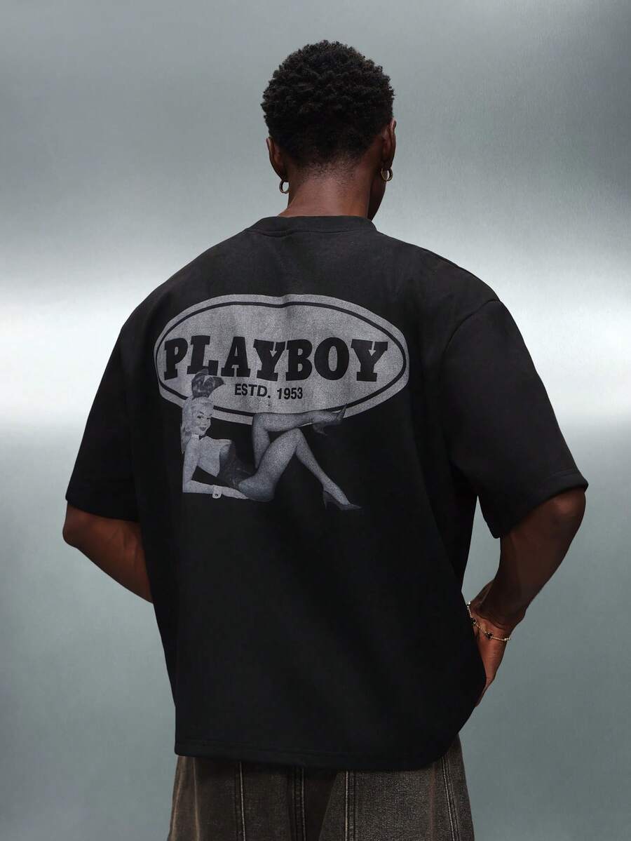PLAYBOY X SUMWON Boxy Fit Suedette T-Shirt With Back Print And Front Logo For Casual Streetwear - Black - View 1