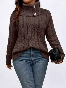 Calvaya Plus Size Women Cable Pattern Long Sleeve Casual Turtleneck Sweater, Autumn/Winter - Coffee Brown - View 4