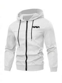 Manfinity Homme Plus Size Men's Letter Print Long Sleeve Zip Front Pocket Drawstring Hoodie Jacket - White - View 4