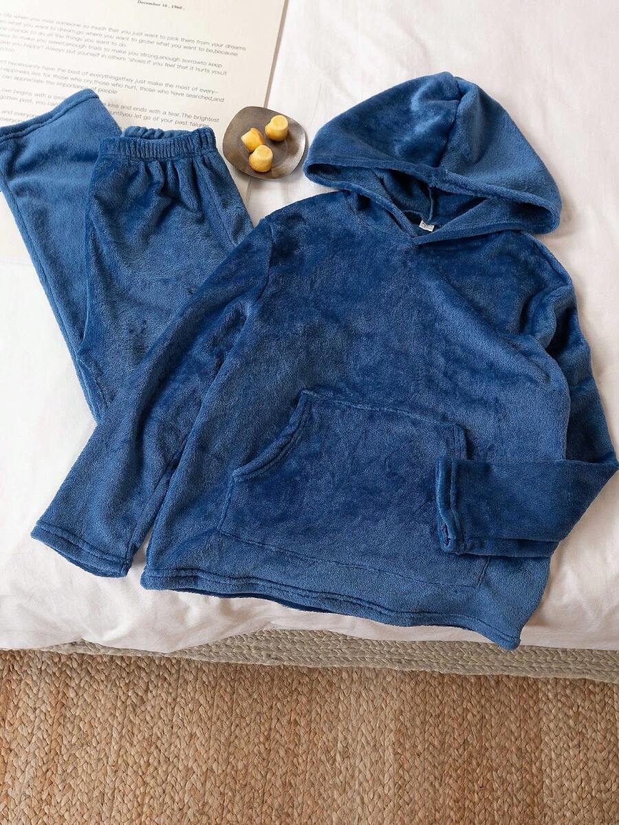 2 件套青少年男童简约纯色羊毛连帽衫和裤子舒适家居服套装,海军蓝 - 寶藍色 - 查看 1