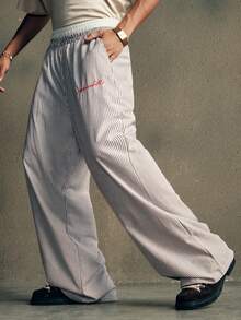 AXEPEAK 男士休闲宽松梭织条纹拼布腰带直筒裤，适合学校、秋季 - 卡其色 - 查看 4