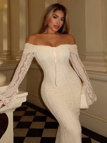 Maria Perezxox 女士优雅露肩白色蕾丝长袖美人鱼连衣裙，适合婚礼、派对、伴娘礼服 - 白色 - 查看 6