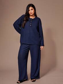 Lazeform Bộ đồ ngủ tay dài dệt kim Jacquard cổ tròn cài nút cỡ lớn, quần áo mùa đông - Màu xanh hải quân - Xem 5